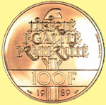 100 Franc coin of 1989. Note the Phrygian cap as well as the motto.