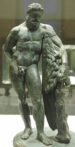 HERAKLES TYPE FARNESE.  'Hercules Resting'. Herakles resting his arm on a pillar draped with his lion-skin cape.  Museum Collection: Muse du Louvre, Paris, France, S26.11. Catalogue Number: Louvre Br 652. Free-standing Hellenistic statuette in Bronze. Height: 0.42 metres. Roman copy or original Greek statuette. Date: Hellenistic or Imperial Roman between C3rd BC & C1st AD