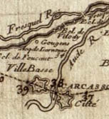 map showing the Cite of Carcassonne, the Bastide and the river Fresquel