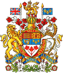 The achievement of Arms of Canada still features the arms of France Modern: one on the shield and again on the banner held by the sinister supporter (the unicorn)