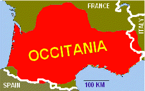 Map showing the area where Occitan s spoken.