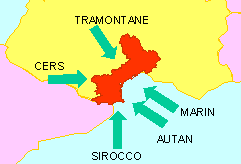 Languedoc Winds: The Tramontane from the north-west, the Cers from the West or South West, the Sirocco from the south, the Autan (blanc and noir), from the south-east, and the warm marine Marin wind from the Mediterranean.