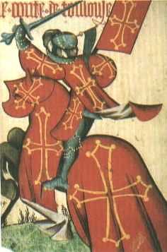 the Count of Toulouse wearing his Coat of Arms and mounted on a caparisonned steed.