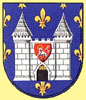 The modern Coat of arms of Carcassonne with the arms of the kingom of France in the background