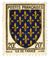 French 20 centime stamp, 1943. The arms of France Ancient are still used by the Ile de France.