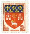 French 80 centime stamp, 1958, showing the coat of armes of the city of Toulouse