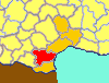 The Aude (red) in the Languedoc (orange) within France (yellow)).