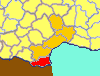 The Pyrenees Orientales (red) in the Languedoc (orange) within France (yellow)).