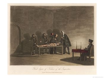 "First Degree of Torture of the Inquisition", The Victim is Bound on a Table