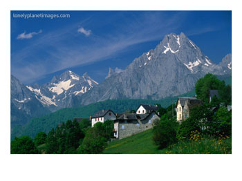 Village of Lescun Near Route De Somport with Mountain Peaks in Distance, Midi-Pyrenees, France