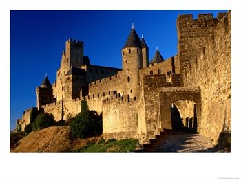 Tourists Enter Medieval Walled City at Sundown Via Porte D'Aude, Carcassonne, France